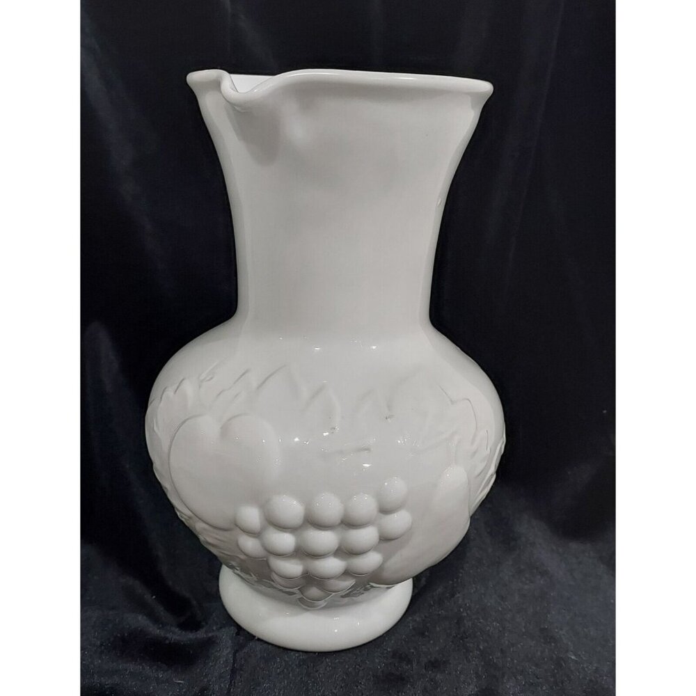 Antique Milk Glass Pitcher Applied Clear Handle Cottage Core Embossed Fruit - Picture 1 of 10